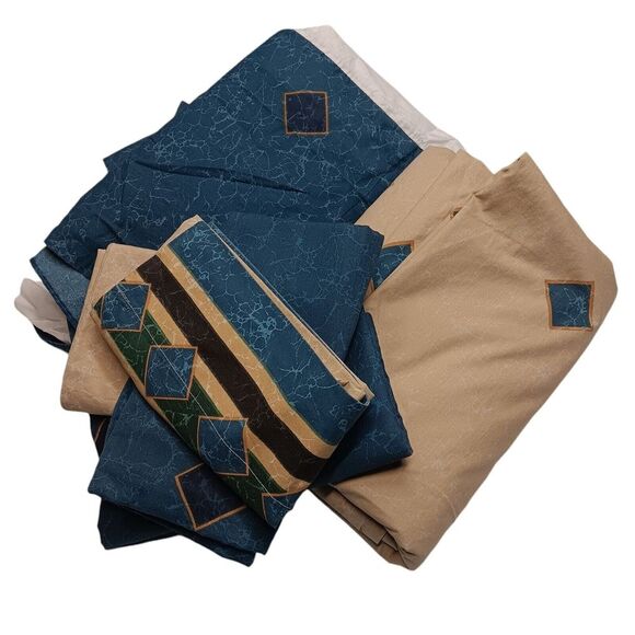 Vintage 80's springs King size bed sheet‎ skirt pillow cases Beige Blue diamond